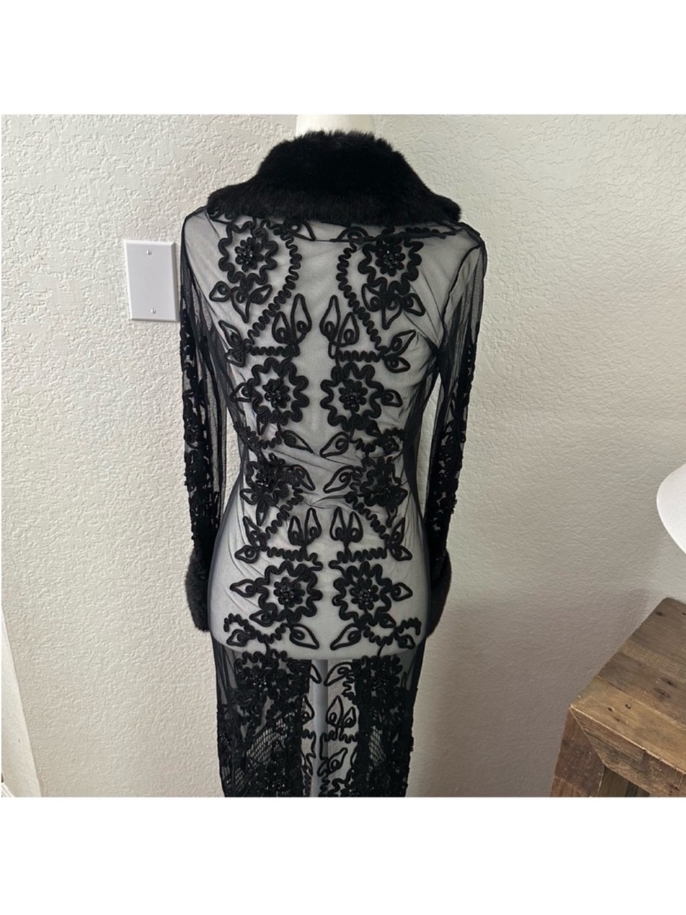 Sue Wong Vintage Crochet Beaded Embroidered Floral Mesh Faux Fur Black Duster - Picture 6 of 10